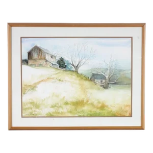 1960s Landscape of a Farm Original Watercolor on Paper Signed Clarissa Johnson, Framed