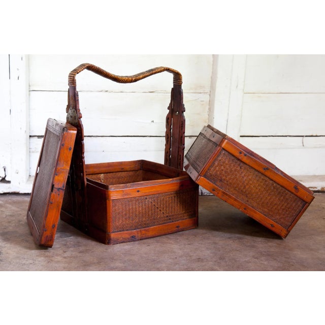 Antique Chinese Woven Rattan and Bamboo Nested Basket With Carved Handle For Sale - Image 4 of 8