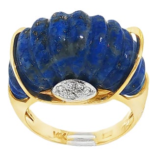 Mid Century 14k Yellow Gold Carved Lapis and Diamond Dome Ring, Size 6.5 For Sale