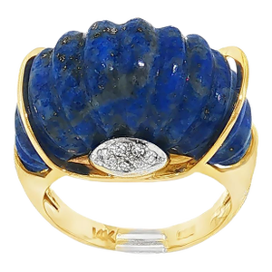 Mid Century 14k Yellow Gold Carved Lapis and Diamond Dome Ring, Size 6.5