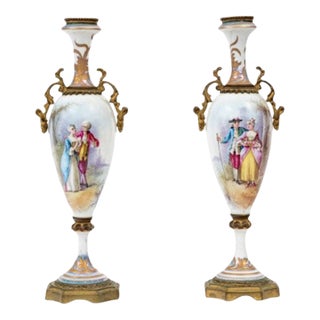 Pair of French Sèvres-Style Porcelain Vases With Gilt Bronze Mounts — Hand-Painted Gallant Scenes, Marked France, Late 19th C. For Sale