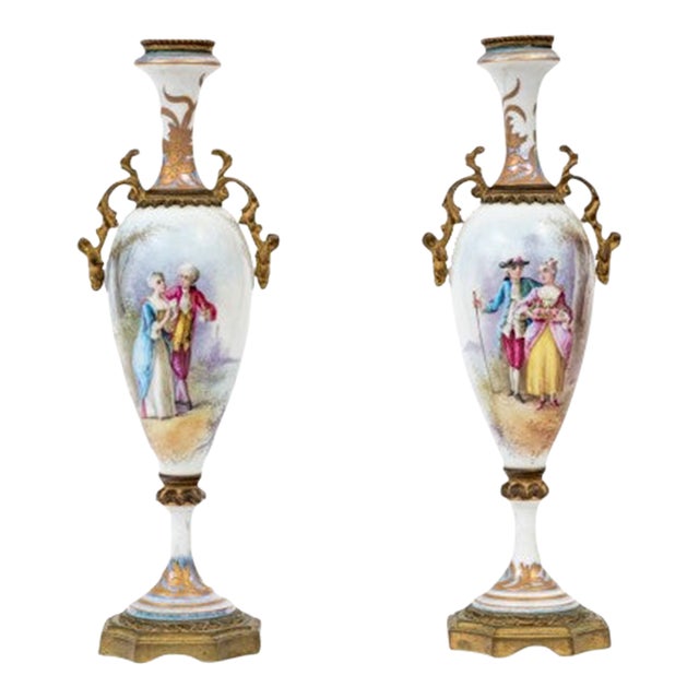Pair of French Sèvres-Style Porcelain Vases With Gilt Bronze Mounts — Hand-Painted Gallant Scenes, Marked France, Late 19th C. For Sale