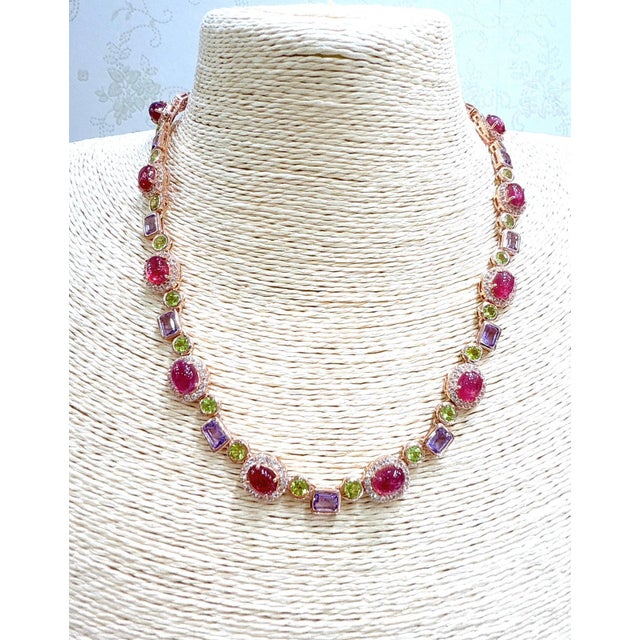 Red Bochic “Capri” Vintage Ruby, Amethyst, Peridot Necklace Set 18K Gold & Silver For Sale - Image 8 of 10