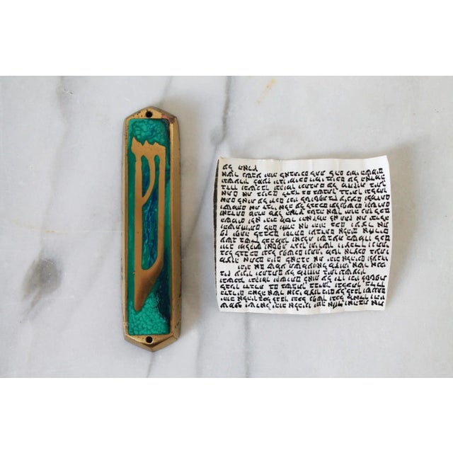 Vintage brass and green epoxy Mezuzah Hen Holon with scroll. No makers mark. Age wear. Hardware not included.