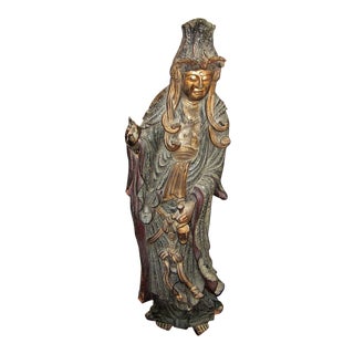 19c Asian Wooden Carved, Painted & Gilded Guanyin Statue For Sale