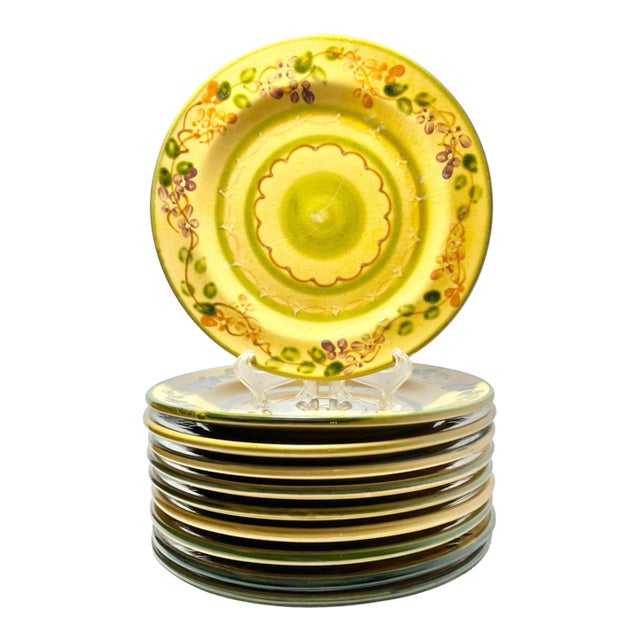 2000s Terre E Provence Ceramic Yellow & Green Salad Plates - Set of 10 For Sale