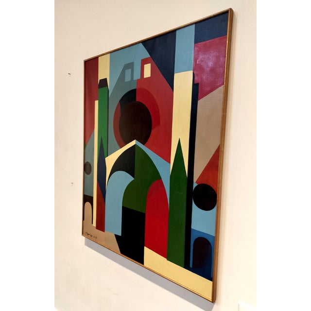 Large Mid-Century Modern color-block composition of The Cathedral of Tarragona by French-American artist Jacques Lamy....