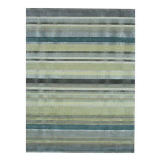 6x9 Zinnia Striped Green Geometric Contemporary Handmade Wool Carpet Rug For Sale