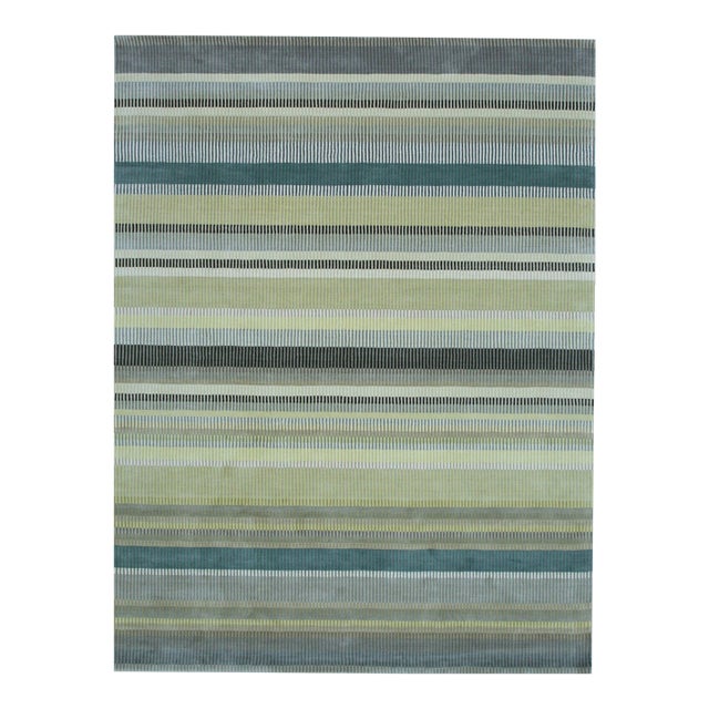 6x9 Zinnia Striped Green Geometric Contemporary Handmade Wool Carpet Rug For Sale