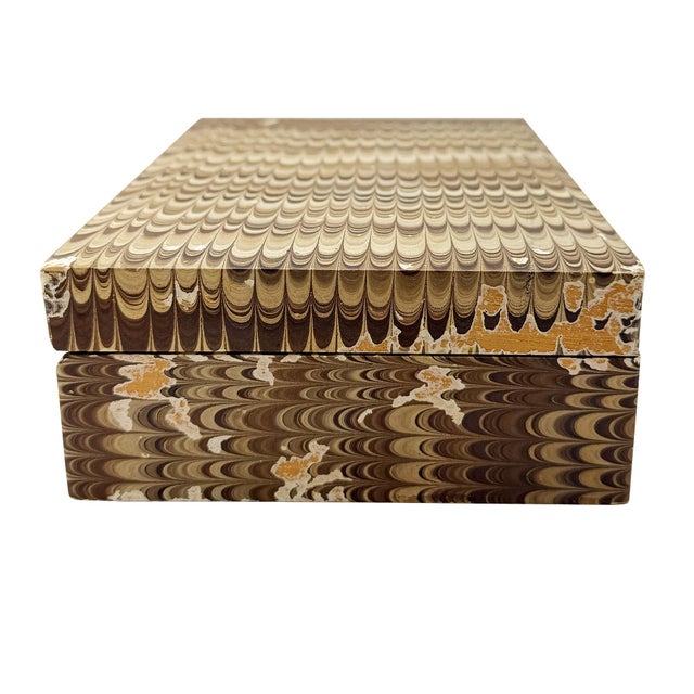 Hollywood Regency Vintage Brown Hand-Marbled Florentine Peacock Paper Wood Desk Box, Circa 1970 For Sale - Image 3 of 11