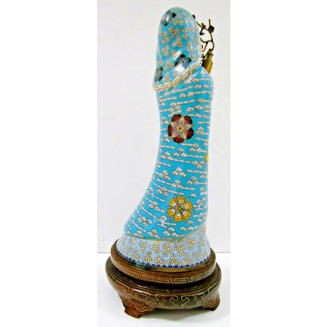 1920s Antique Asian Blue Cloisonne Figurine Holding Brass Vase With Lotus Wood Base For Sale - Image 5 of 16