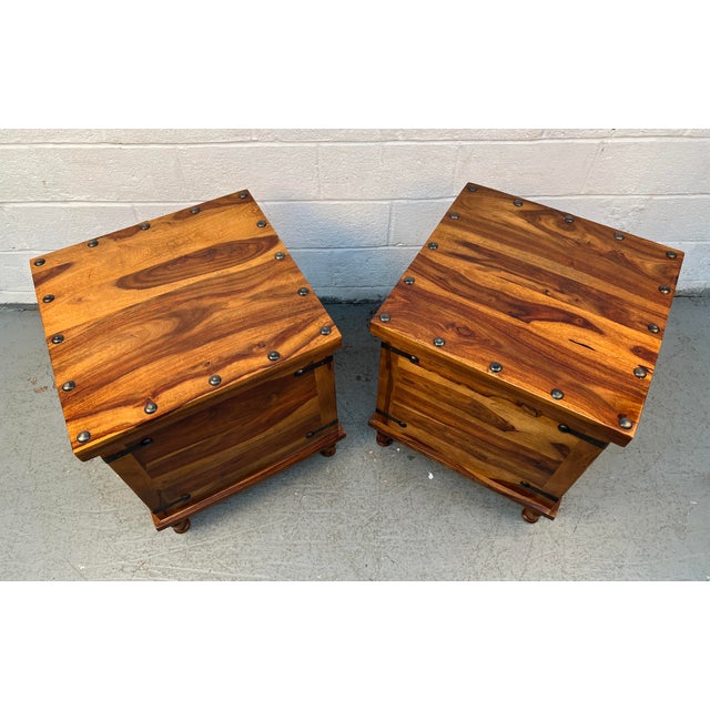 Late 20th Century Pair of Rustic Wood and Metal Storage Trunks W/ Lift-Top Lids For Sale - Image 10 of 15