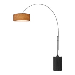 Tambo 92"h 1-Light Arc Lamp, Burlap Shade, Black Oak Base, Satin Nickel, Dimmable, for Living Room or Bedroom For Sale