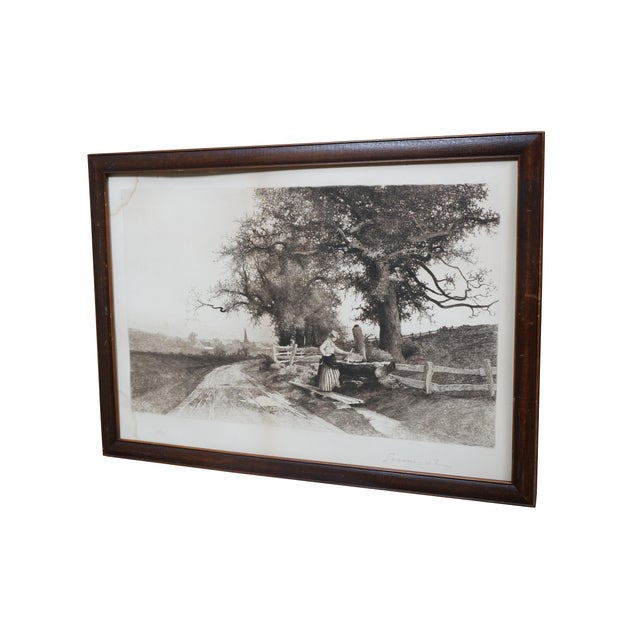 Victorian Antique Ernest C Rost Woman at Trough Panoramic Country Landscape Etching 22" For Sale - Image 3 of 11