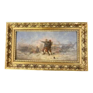 Oil on Panel Prussian Battlefields Against French Infantry Soldiers Signed Leon Ambroise Gauthier 1822-1901