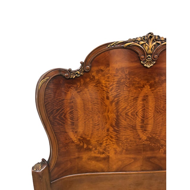 Antique French Louis XV Style Flame Mahogany Twin Bed Frame With Gilt Carved Accents For Sale In Charlotte - Image 6 of 8