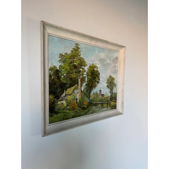 This is a beautiful vintage oil painting on canvas, depicting a rural Countryside landscape with old Cottages, green trees...