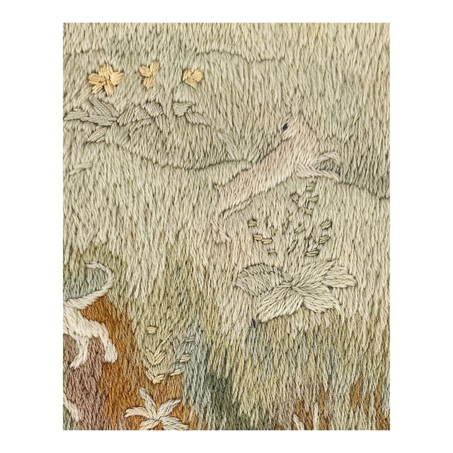 Antique English Pastoral Woolwork Embroidery With Stag, Hounds and Rabbit, 19th Century For Sale