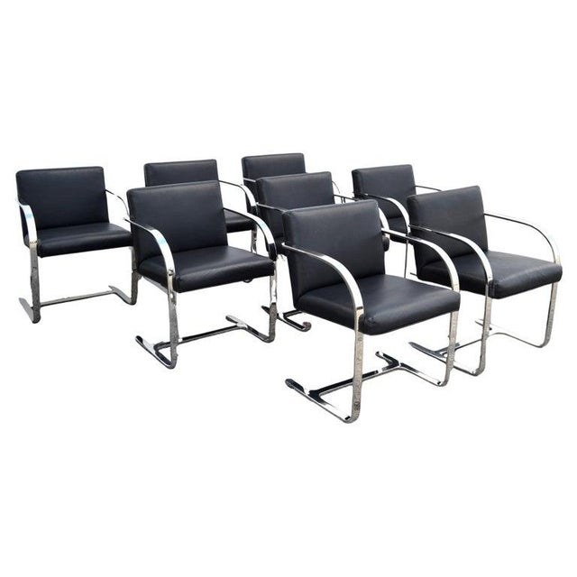 H. G. Knoll and Associates Set 8 Attributed to Mies Van Der Rohe for Knoll Stainless Steel Brno Chairs Black Leather 1977 For Sale - Image 4 of 18