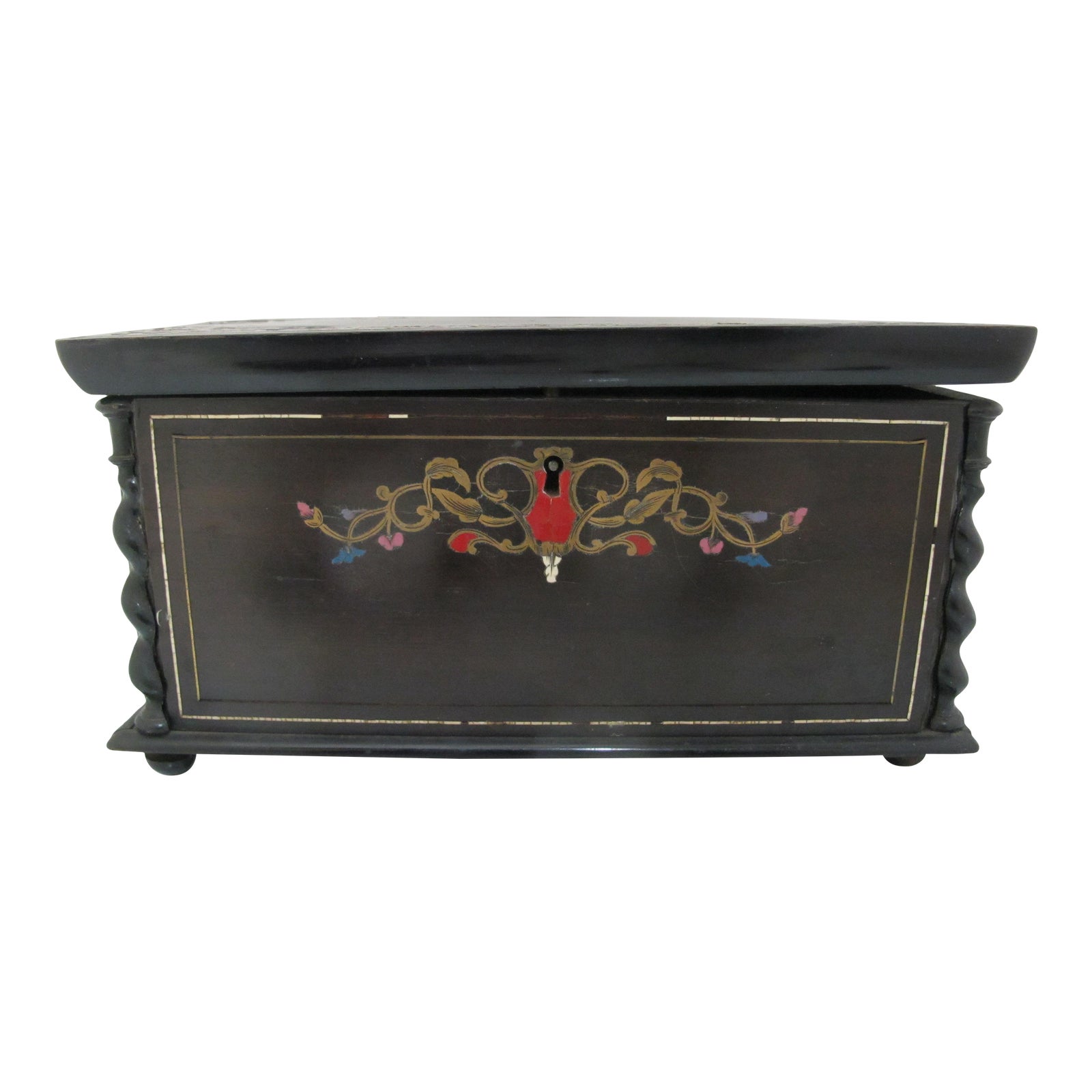 Antique Dark Wood Tea Box Caddy With Hand Painted Flower Design Chairish