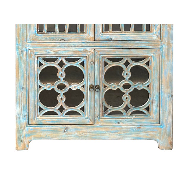 Wood Distressed Shabby Chic Pastel Blue Latticework Glass Door China Bookcase Cabinet For Sale - Image 7 of 10