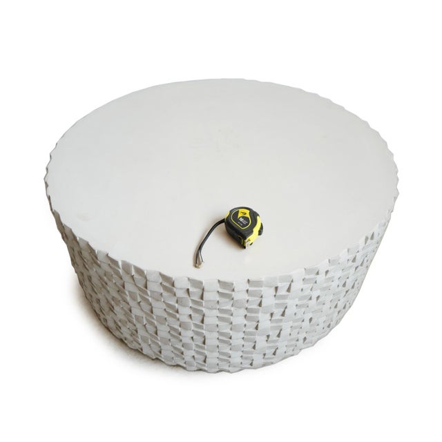 Outdoor modern white glass fiber reinforced round concrete coffee table with stacked cube exterior design. Wonderful hip...