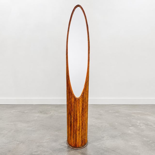 Wood 1970s Vintage Bohemian Coastal Veneer Rattan Lipstick Floor Mirror For Sale - Image 7 of 9