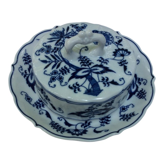 Mid 20th Century Blue Danube Lidded Butter Dish With Cover For Sale