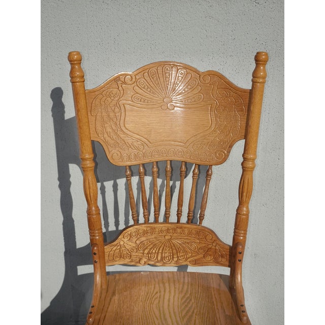 Set of Four Vintage Golden Oak Pressed Back Dining Room Chairs ~ French Country For Sale In Los Angeles - Image 6 of 15