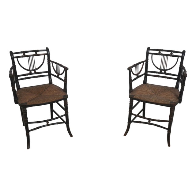 Pair of Antique Rush Seat Bamboo Sussex Type Chairs For Sale