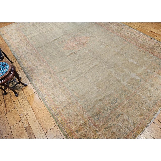 Vintage Turkish Oushak Hand-Knotted Rug in Open Geometric Pattern in Pale Green, Yellow, Pink For Sale - Image 17 of 17
