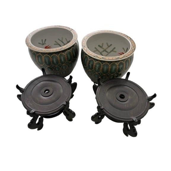 Vintage Oriental Accent Hand-Painted Asian Fishbowl Cachepot With Carved Hardwood Stand For Sale In Los Angeles - Image 6 of 15