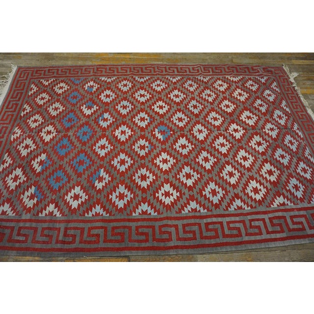 Indian 1930s Small Antique Rustic Tribal Geometric Indian Cotton Dhurrie Flatwoven Rug For Sale - Image 3 of 13