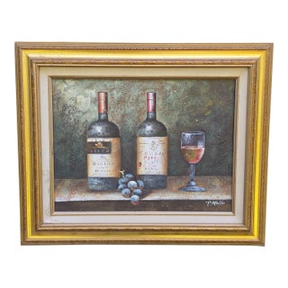 Vintage Textured Impasto Oil Painting – "P. Aponte" Wine Still Life With Grapes in Gold Frame For Sale