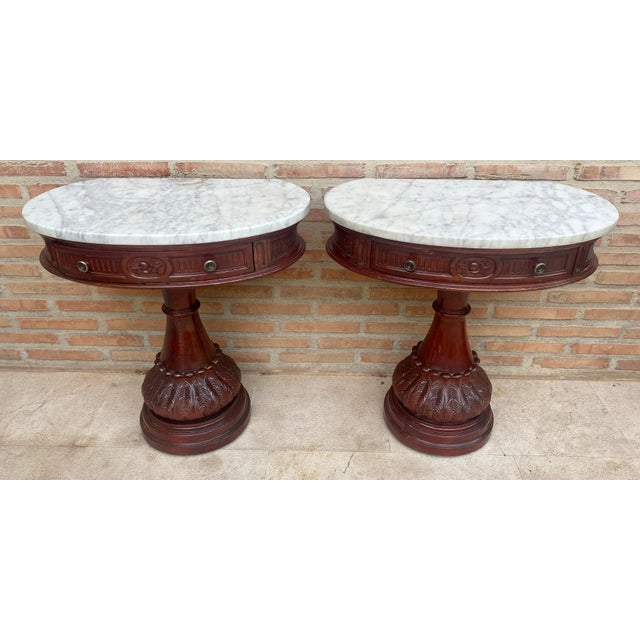Carved Wood Demi Lune Nightstands with Marble Top, 1940, Set of 2 For Sale - Image 18 of 18