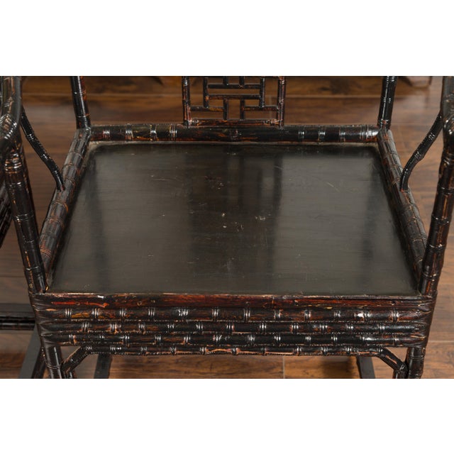 Brown Pair of Chinese Ming Dynasty Style 1920s Horseshoe Back Bamboo Armchairs For Sale - Image 8 of 9