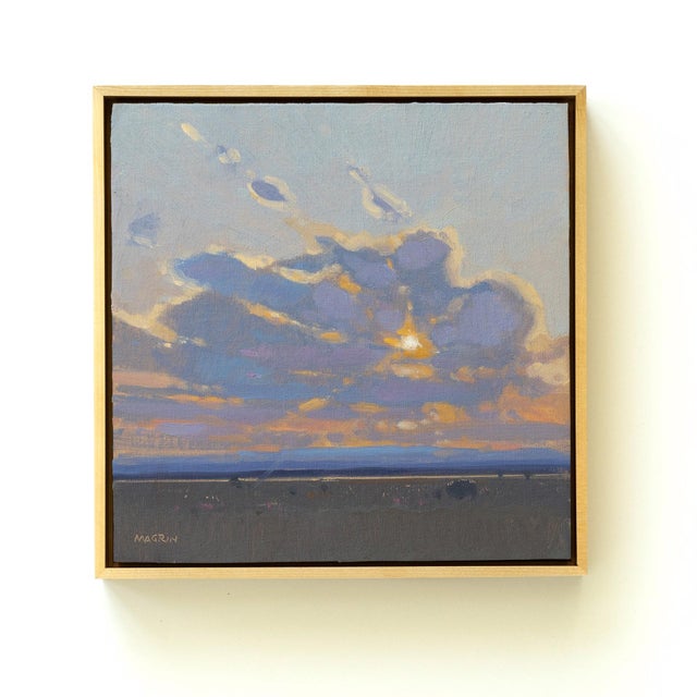 The painting captures a serene Colorado sunset, with soft hues of orange and purple blending seamlessly in the sky. Wispy...