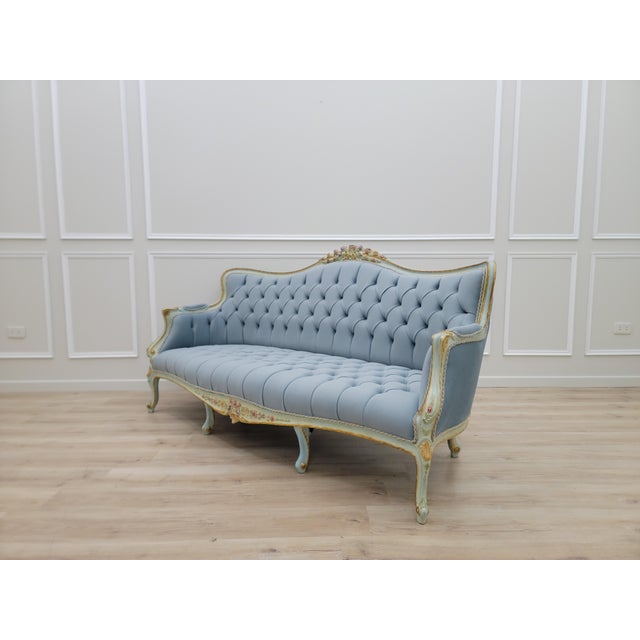 1970s Sky Blue Tufted French Provincial Sofa | Hand-Painted Floral Trim, Louis XV Style Settee For Sale In Miami - Image 6 of 12