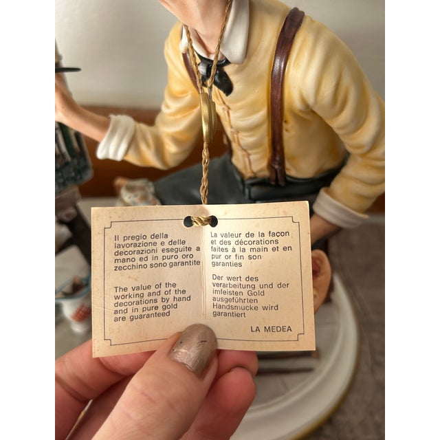 Tan Vintage Signed Rori Capodimonte Figurine Painter at Easel Venice Torre Dell Orologio La Medea Italy Flawless With Tag For Sale - Image 8 of 11