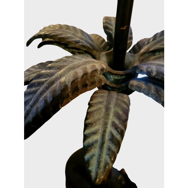 1970s Vintage Palm Beach Regency Cast Iron Palm Tree Monkey Table Lamp W/ Hard Pleated Bell Red Parasol Shade For Sale - Image 5 of 12