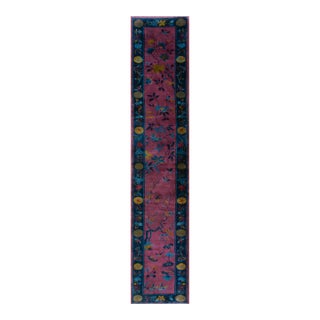 1920s Purple Floral Antique Chinese Art Deco Carpet 2'9" X 13'10" Handknotted Wool Rug Runner For Sale