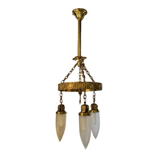Antique Brass Three Light Tudor Revival Quatrefoil Pattern Chandelier For Sale