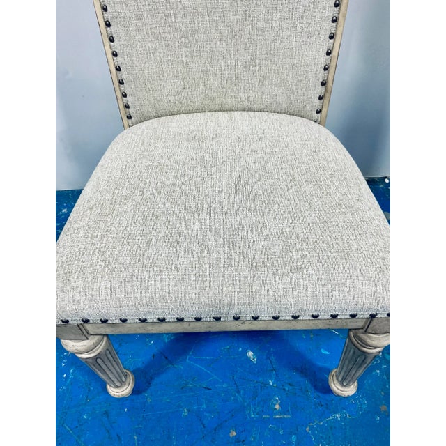 Wood Transitional French Style Linen Dining Chairs Set of 4 For Sale - Image 7 of 10