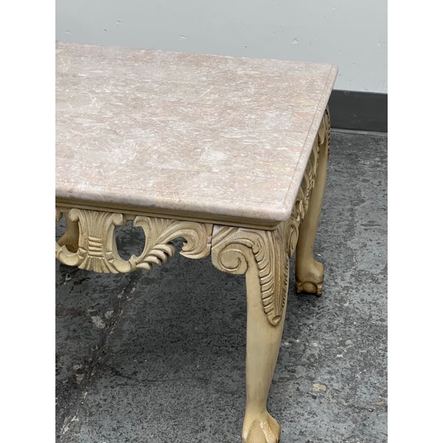 Schnadig Fine Furniture French Provincial Carved Wood + Marble Side Table For Sale - Image 4 of 12