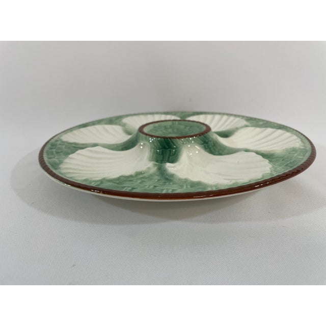 Art Deco 1930s French Longchamp Green and White Majolica Oyster Plate For Sale - Image 3 of 16