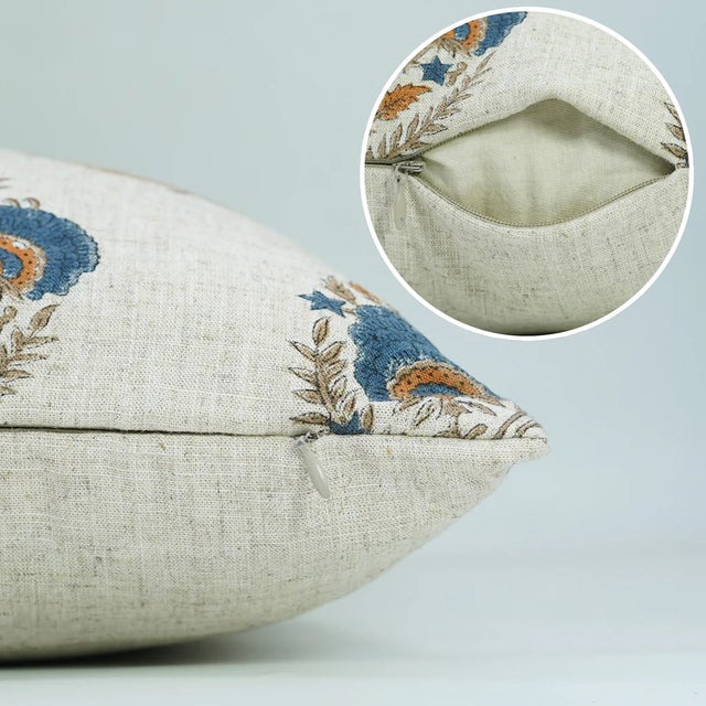 Farmhouse Block Print Viscose Linen Pillow Cover 24x24 Inch-Mohini For Sale - Image 3 of 4