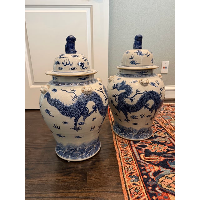 Danny’s Fine Porcelain Blue and White Hand-Painted Porcelain Dragon Temple Jars - A Pair For Sale - Image 4 of 7