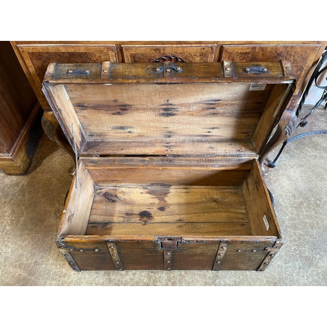 Late 19th Century Antique Wooden Travel Trunk With Iron Strapping For Sale - Image 5 of 7
