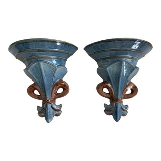 Vintage Ceramic Wall Brackets Sconces Fleur-De-Lis Blue and Brown Glazed – A Pair For Sale
