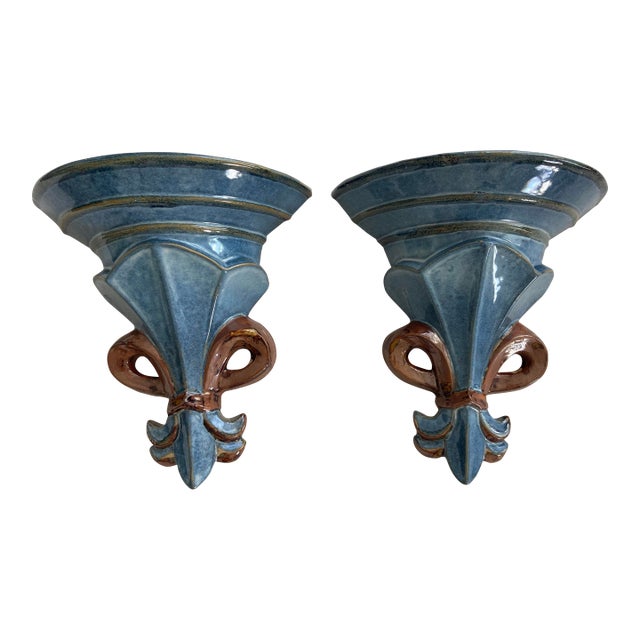 Vintage Ceramic Wall Brackets Sconces Fleur-De-Lis Blue and Brown Glazed – A Pair For Sale